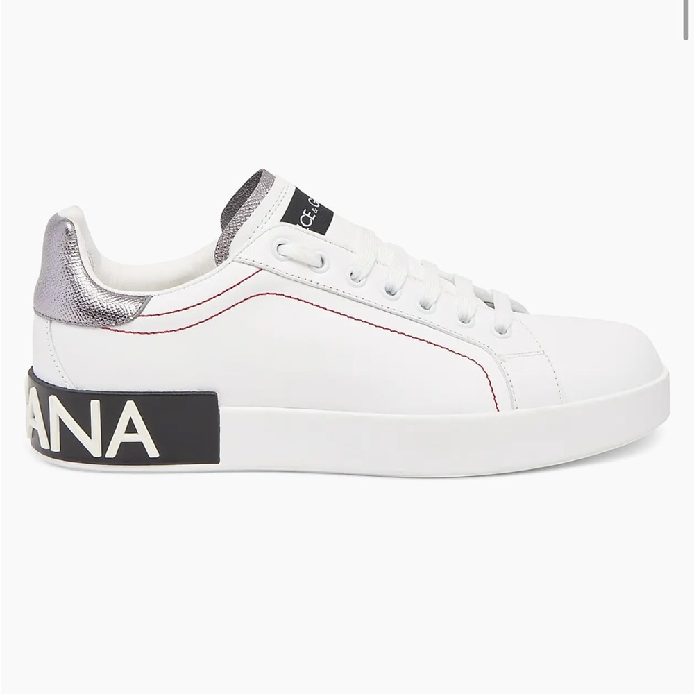 Dolce & Gabbana White Leather Sneakers with Silver Heel and Black Logo Panel